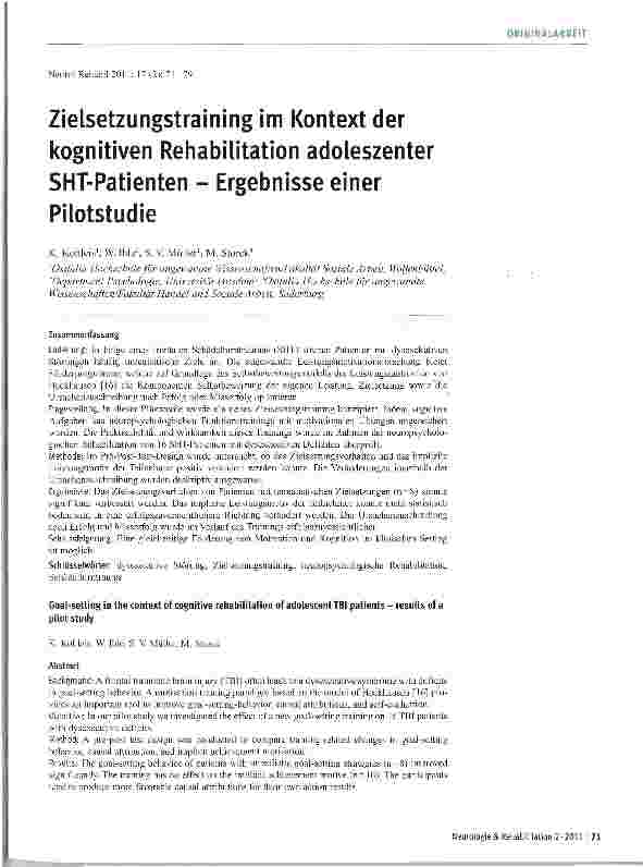 Vorschauseite 1: Zielsetzungstraining im Kontext der kognitiven Rehabilitation adoleszenter SHT-Patienten - Ergebnisse einer Pilotstudie