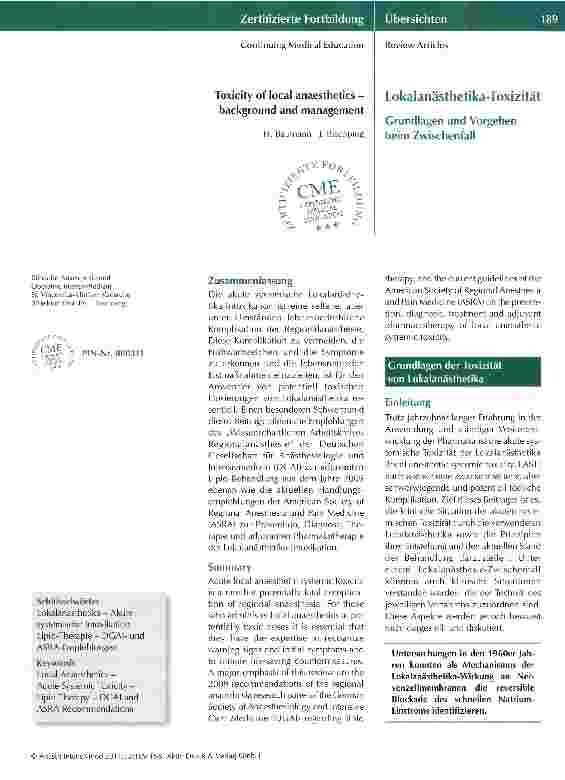 Vorschauseite 1: Lokalanästhetika-Toxizität Grundlagen und Vorgehen beim Zwischenfall