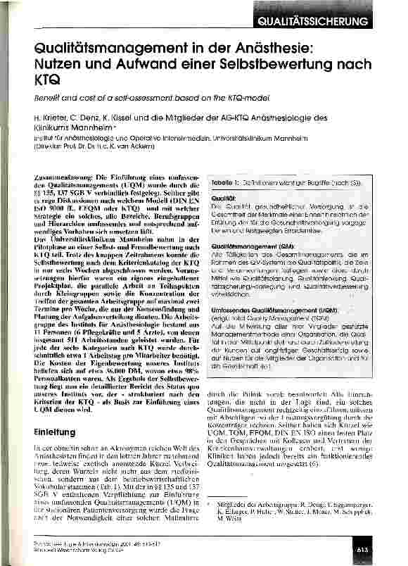 Vorschauseite 1: Qualitätsmanagement in der Anästhesie: Nutzen und Aufwand einer Selbstbewertung nach KTQ