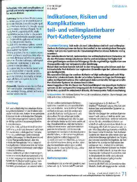Vorschauseite 1: Indikationen, Risiken und Komplikationen teilund vollimplantierbarer Port-Katheter-Systeme