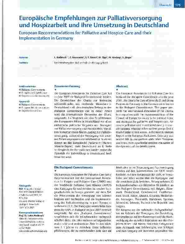 Vorschauseite 1: Europäische Empfehlungen zur Palliativversorgung und Hospizarbeit und ihre Umsetzung in Deutschland