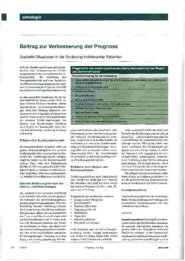 Vorschauseite 1: Beitrag zur Verbesserung der Prognose Spezielle Situationen in der Ernährung krebskranker Patienten
