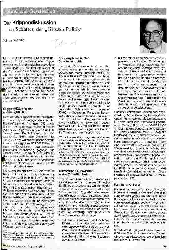 Vorschauseite 1: Die Krippendiskussion - im Schatten der Großen Politik