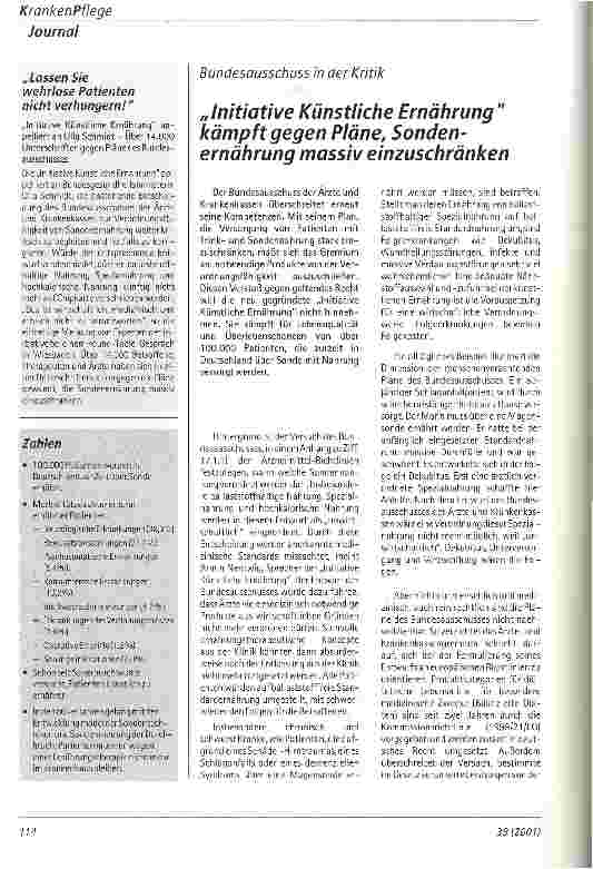 Vorschauseite 1: Initiative Künstliche Ernährung kämpft gegen Pläne, Sondenernährung massiv einzuschränken