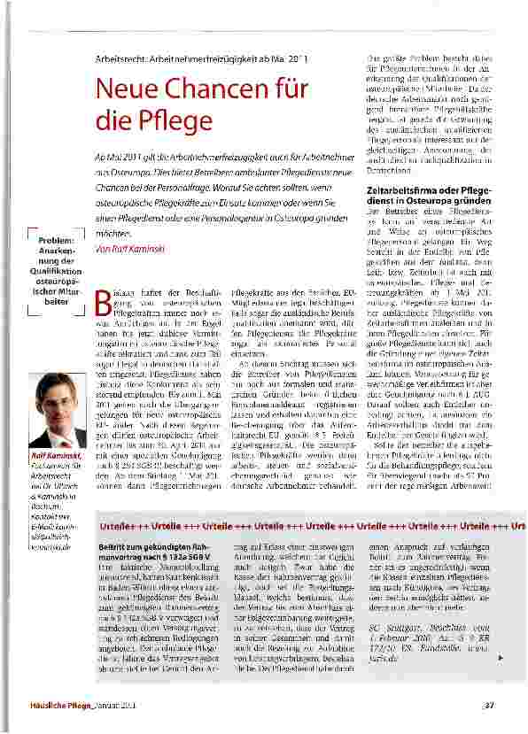 Vorschauseite 1: Arbeitsrecht: Arbeitnehmerfreizügigkeit ab Mai 2011Neue Chancen für die Pflege