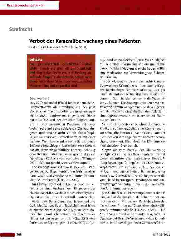 Vorschauseite 1: Verbot der Kameraüberwachung eines Patienten OLG Zweibrücken vom 1.8.2011 (1 Ws 90/11}