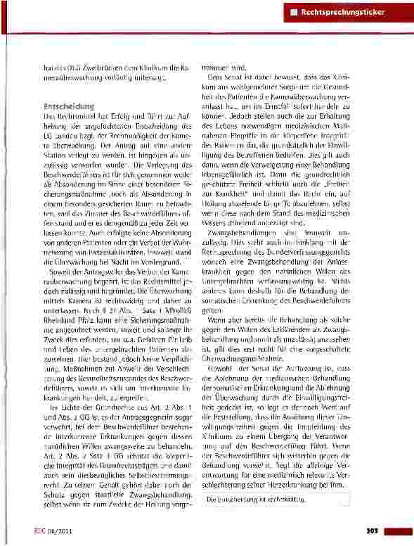 Vorschauseite 2: Verbot der Kameraüberwachung eines Patienten OLG Zweibrücken vom 1.8.2011 (1 Ws 90/11}