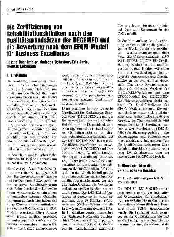 Vorschauseite 1: Die Zertifizierung von Rehabilitationskliniken nach den Qualitätsgrundsätzen der DEGEMED und die Bewertung nach dem EFQM-Modell für Business Excellence