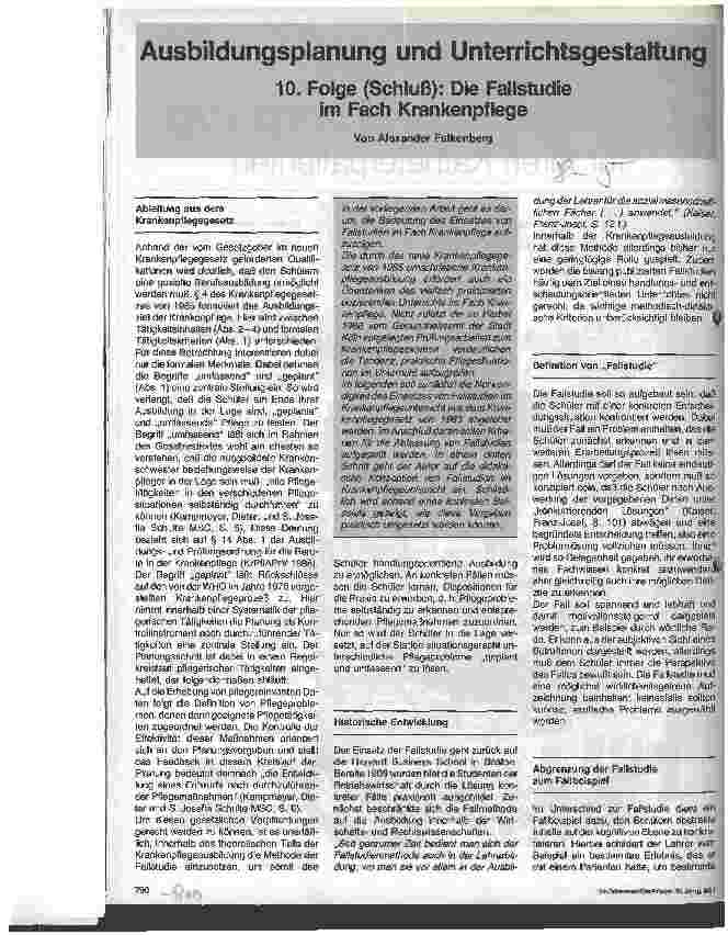 Vorschauseite 1: Ausbildungsplanung und Unterrichtsgestaltung 10. Folge (Schluß): Die Fallstudie im Fach Krankenpflege