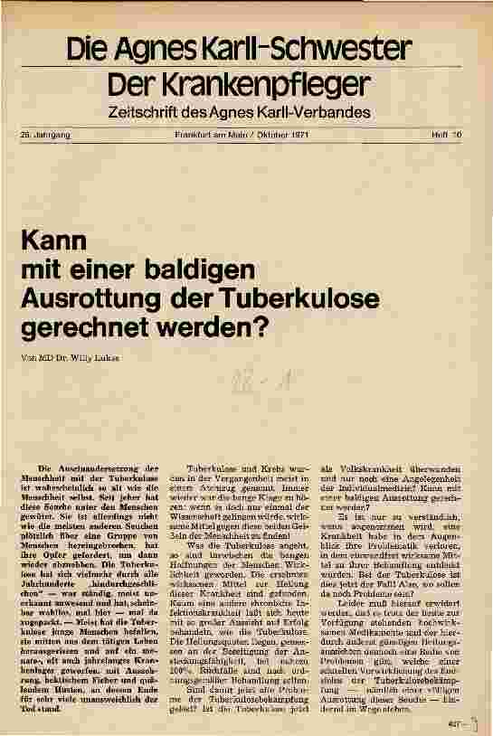 Vorschauseite 1: Kann mit einer baldigen Ausrottung der Tuberkulose gerechnet werden?