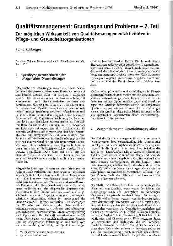 Vorschauseite 1: Qualitätsmanagement: Grundlagen und Probleme - 2. Teil Zur möglichen Wirksamkeit von Qualitätsmanagementaktivitäten in Pflegeund Gesundheitsorganisationen