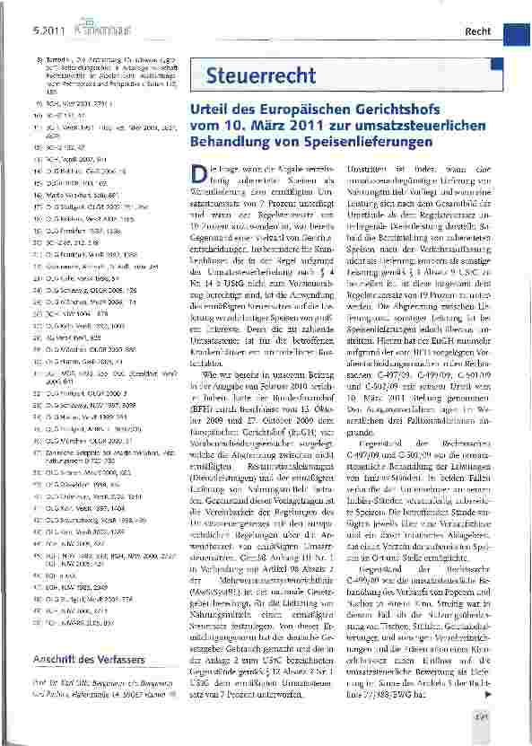 Vorschauseite 1: Urteil des Europäischen Gerichtshofsvom 10. März 2011 zur umsatzsteuerlichenBehandlung von Speisenlieferungen