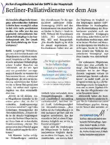 Vorschauseite 1: Die häusliche pflegerische Versorgung schwerstkranker Patienten in Berlin kann womöglich schon im Juli nicht mehr gewährleistet werden. Das teilte jetzt das neu gegründete Aktions…