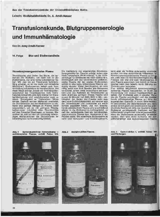 Vorschauseite 1: Transfusionskunde, Blutgruppenserologie und Immunhämatologie 14. Folge: Blut und Blutbestandteile