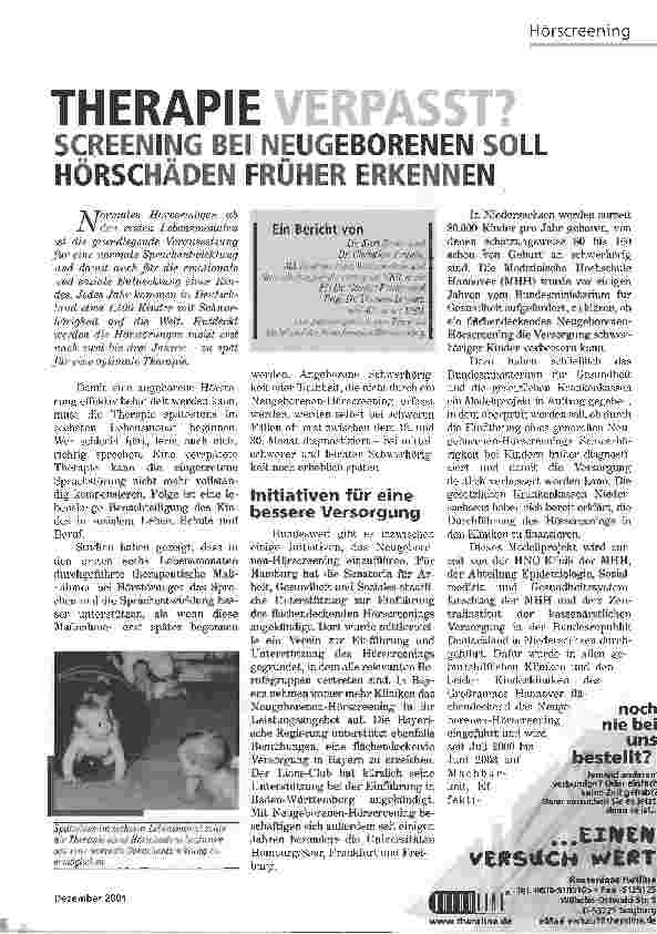 Vorschauseite 1: THERAPIE VERPASST? SCREENING BEI NEUGEBORENEN SOLL HÖRSCHÄDEN FRÜHER ERKENNEN