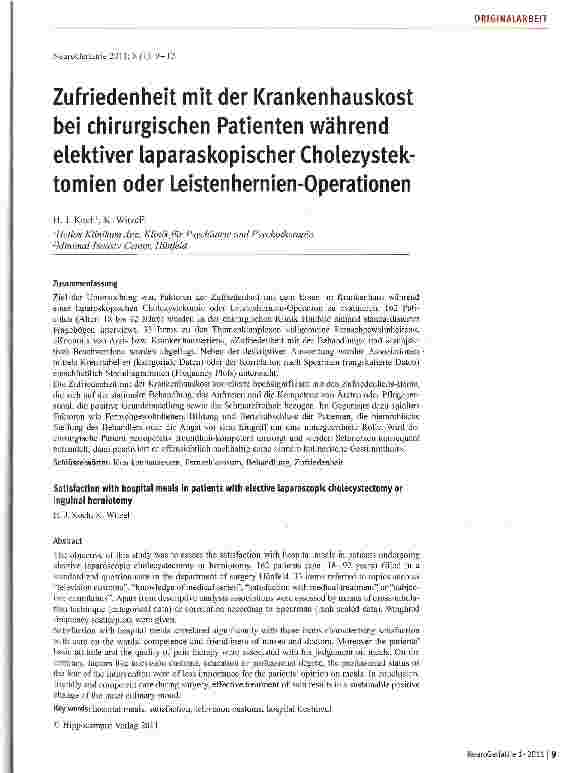 Vorschauseite 1: Zufriedenheit mit der Krankenhauskost bei chirurgischen Patienten während elektiver laparaskopischer Cholezystek-tomien oder Leistenhernien-Operationen