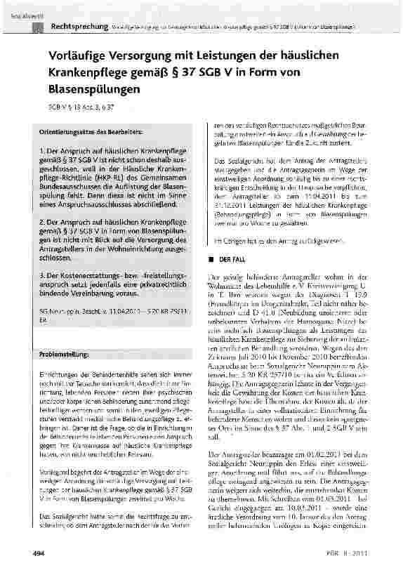 Vorschauseite 1: Vorläufige Versorgung mit Leistungen der häuslichen Krankenpflege gemäß § 37 SGB V in Form von Blasenspülungen SGB V§ 13 Abs. 3, §37
