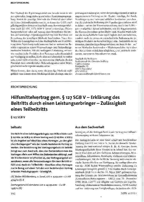 Vorschauseite 1: Hilfsmittelvertrag gem. § 127 SGB V - Erklärung des Beitritts durch einen Leistungserbringer - Zulässigkeit eines Teilbeitritts
