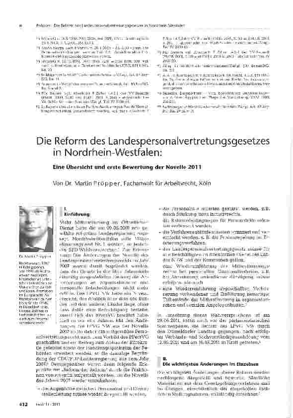 Vorschauseite 1: Die Reform des Landespersonalvertretungsgesetzes in Nordrhein-Westfalen:Eine Übersicht und erste Bewertung der Novelle 2011