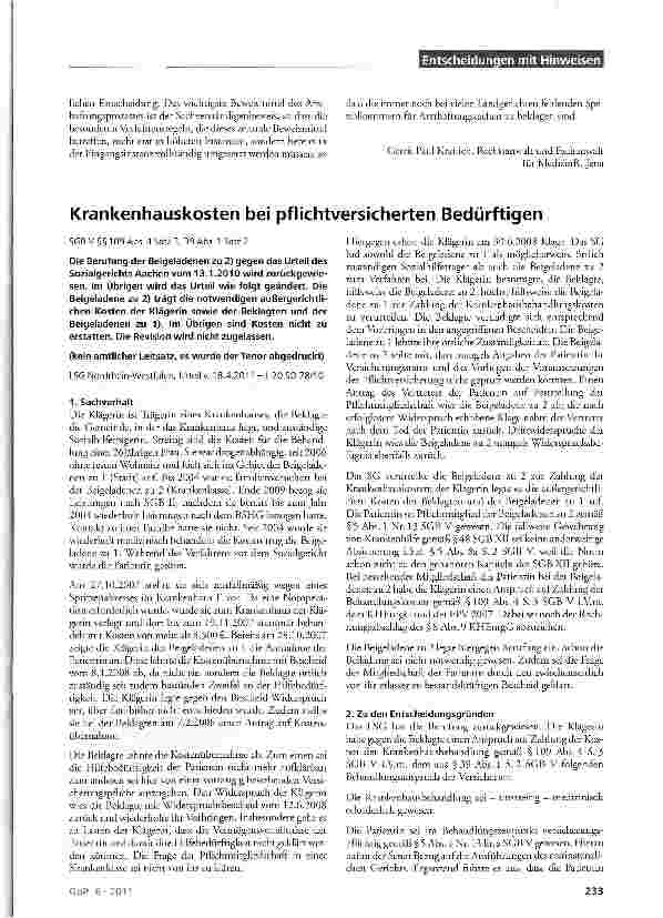 Vorschauseite 1: Krankenhauskosten bei pflichtversicherten Bedürftigen SGB V § § 109 Abs. 4 Satz 3, 39 Abs. 1 Satz 2