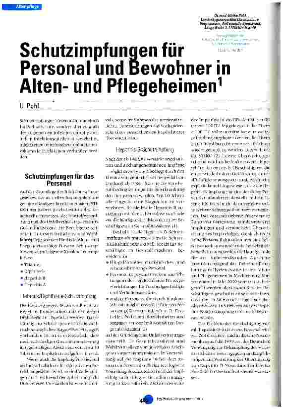 Vorschauseite 1: Schutzimpfungen für Personal und Bewohner in Altenund Pflegeheimen
