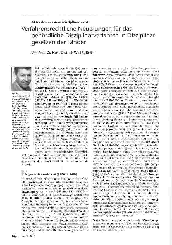 Vorschauseite 1: Verfahrensrechtliche Neuerungen für dasbehördliche Disziplinarverfahren in Disziplinargesetzen der Länder