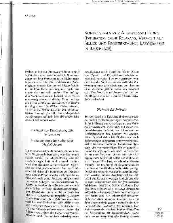Vorschauseite 1: KONTROVERSEN ZUR ATEMWEGSSICHERUNG (INTUBATION OHNE RELAXANS, VERZICHT AUF SELLICK UND PROBEBEATMUNG, LARYNXMASKE IN BAUCHLAGE)
