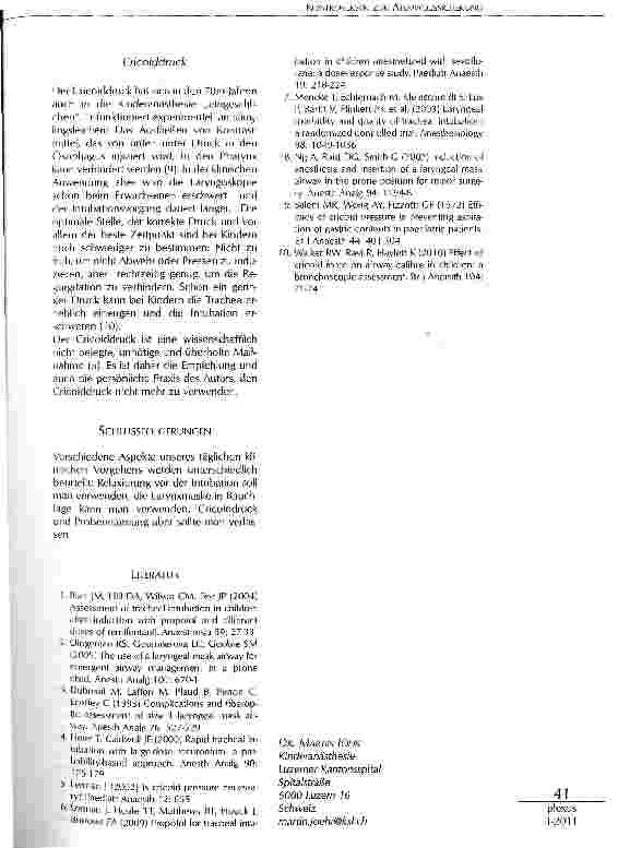 Vorschauseite 3: KONTROVERSEN ZUR ATEMWEGSSICHERUNG (INTUBATION OHNE RELAXANS, VERZICHT AUF SELLICK UND PROBEBEATMUNG, LARYNXMASKE IN BAUCHLAGE)