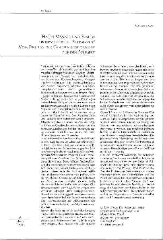 Vorschauseite 1: HABEN MÄNNER UND FRAUEN UNTERSCHIEDLICHE SCHMERZEN? VOM EINFLUSS DER GESCHLECHTSHORMONEAUF DEN SCHMERZ