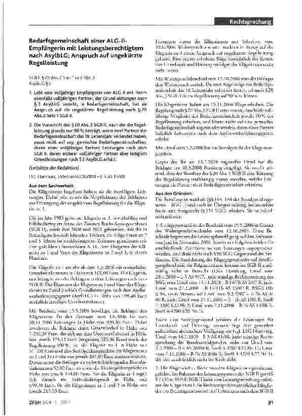 Vorschauseite 1: Bedarfsgemeinschaft einer ALG-II-Empfängerin mit Leistungsberechtigtem nach AsylbLG; Anspruch auf ungekürzte RegelleistungSGB II §20 Abs.2 Satz 1 und Abs.3 AsytbLC§3