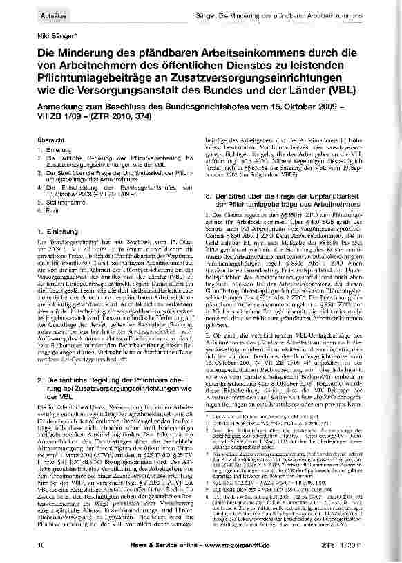 Vorschauseite 1: Die Minderung des pfändbaren Arbeitseinkommens durch die von Arbeitnehmern des öffentlichen Dienstes zu leistenden Pflichtumlagebeiträge an Zusatzversorgungseinrichtungen wie die…