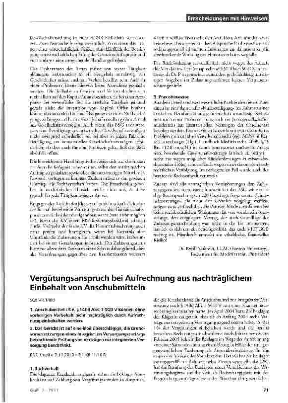 Vorschauseite 1: Vergütungsanspruch bei Aufrechnung aus nachträglichem Einbehalt von Anschubmitteln SGBV§140d