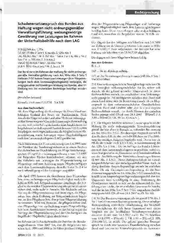 Vorschauseite 1: Schadenersatzanspruch des Bundes aus Haftung wegen nicht ordnungsgemäßer Verwaltungsführung; weisungswidrige Gewährung von Leistungen im Rahmen der Unterhaltsbeihilfe nach dem LAG…