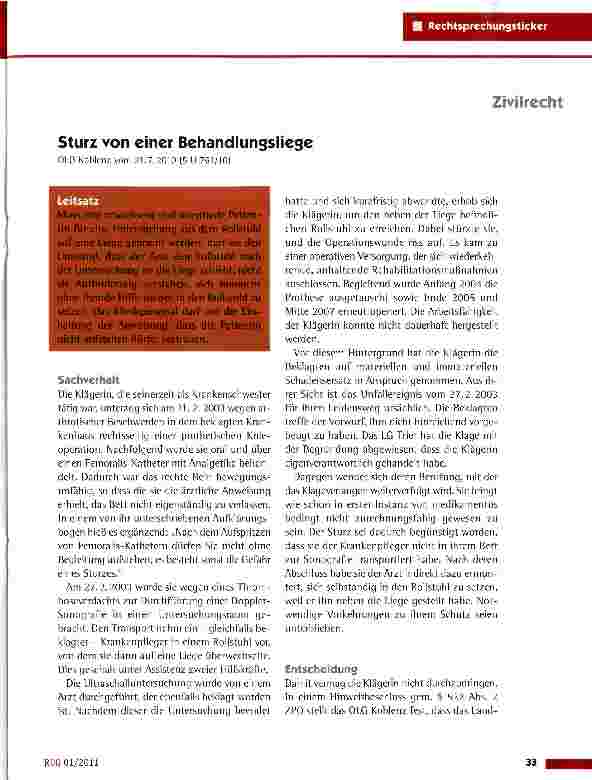 Vorschauseite 1: Sturz von einer BehandlungsliegeOLG Koblenz vom 21.7.2010 (5U 761/10)