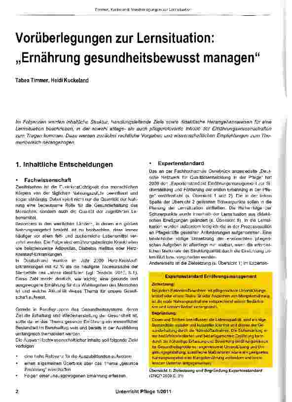 Vorschauseite 1: Vorüberlegungen zur Lernsituation: „Ernährung gesundheitsbewusst managen