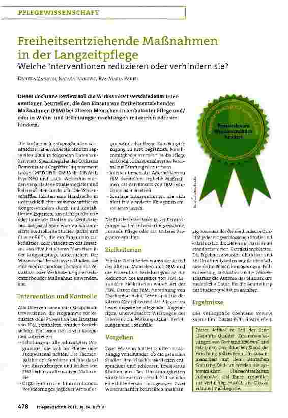 Vorschauseite 1: Freiheitsentziehende Maßnahmen in der Langzeitpflege Welche Interventionen reduzieren oder verhindern sie?