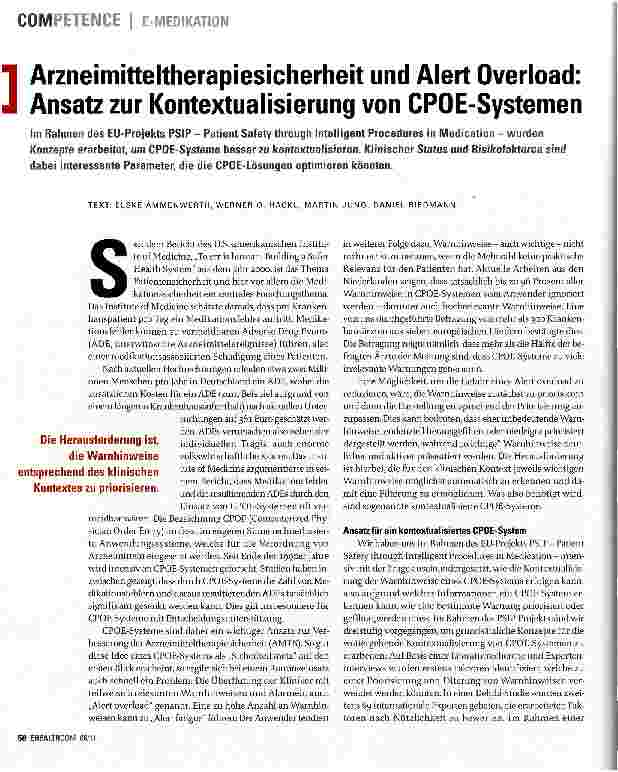 Vorschauseite 1: Arzneimitteltherapiesicherheit und Alert Overload: Ansatz zur Kontextualisierung von CPOE-Systemen