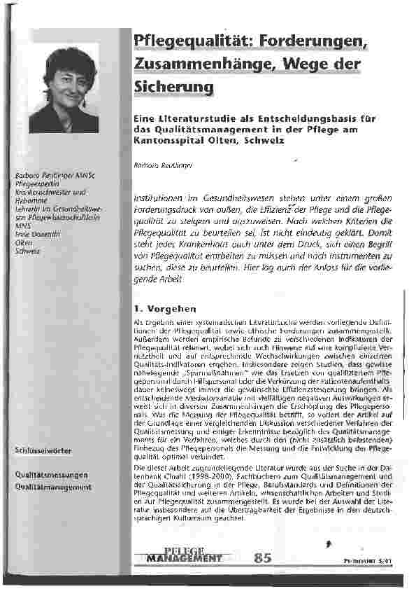 Vorschauseite 1: Pflegequalität: Forderungen, Zusammenhänge, Wege der Sicherung Eine Literaturstudie