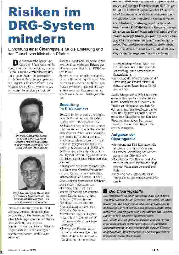 Vorschauseite 1: Risiken im DRG-System mindern Einrichtung einer Clearingstelle für die Erstellung und den Tausch von klinischen Pfaden