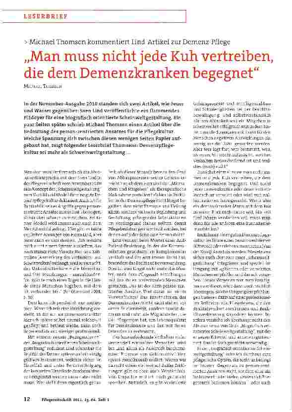 Vorschauseite 1: Michael Thomsen kommentiert Lind-Artikel zur Demenz-Pflege„Man muss nicht jede Kuh vertreiben, die dem Demenzkranken begegnet