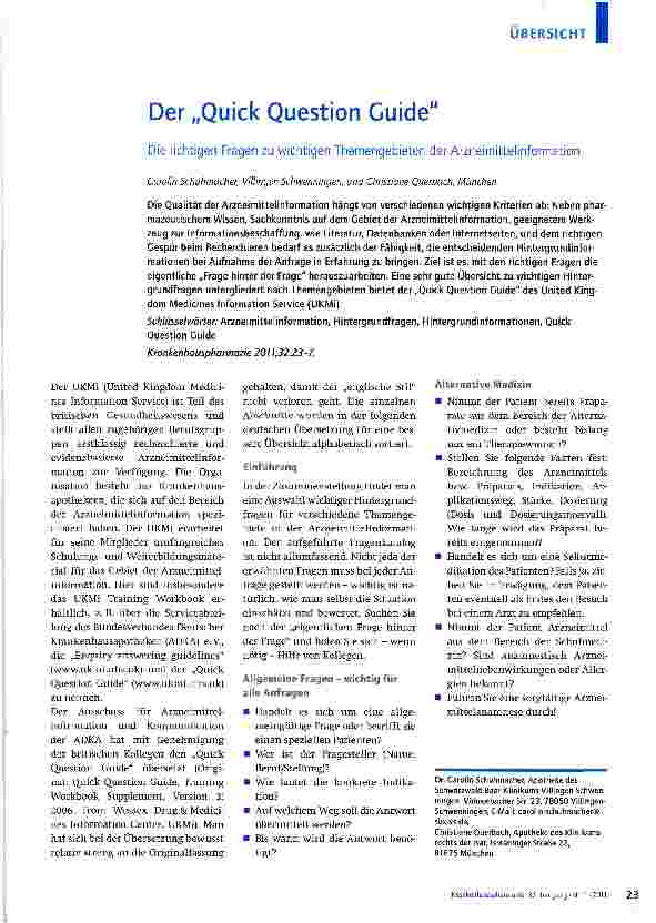 Vorschauseite 1: Der „Quick Question GuideDie richtigen Fragen zu wichtigen Themengebieten der Arzneimittelinformation