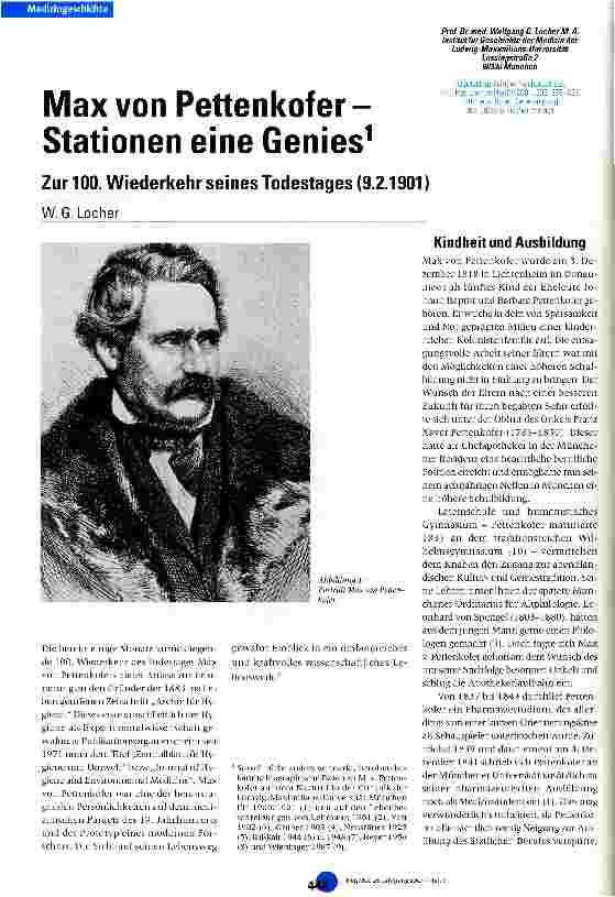 Vorschauseite 1: Max von Pettenkofer - Stationen eines Genies Zur 100. Wiederkehr seines Todestages (9.2.1901)
