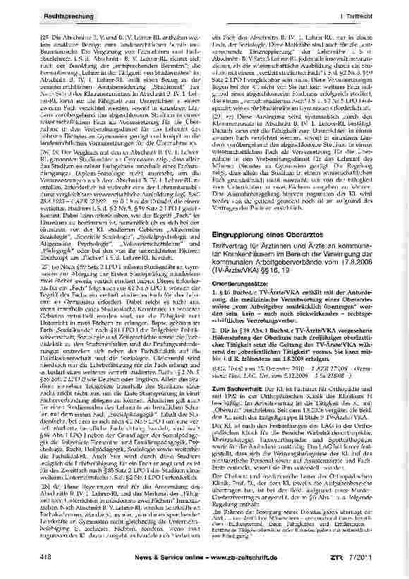 Vorschauseite 1: Eingruppierung eines OberarztesTarifvertrag für Ärztinnen und Ärzte an kommunalen Krankenhäusern im Bereich der Vereinigung der kommunalen Arbeitgeberverbände vom 17.8.2006 (TV-Är…