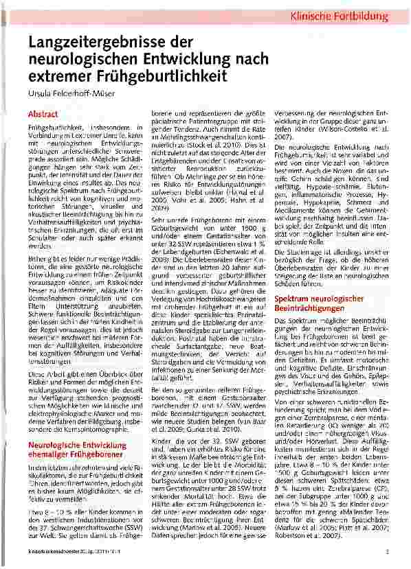 Vorschauseite 1: Langzeitergebnisse der neurologischen Entwicklung nach extremer Frühgeburtlichkeit