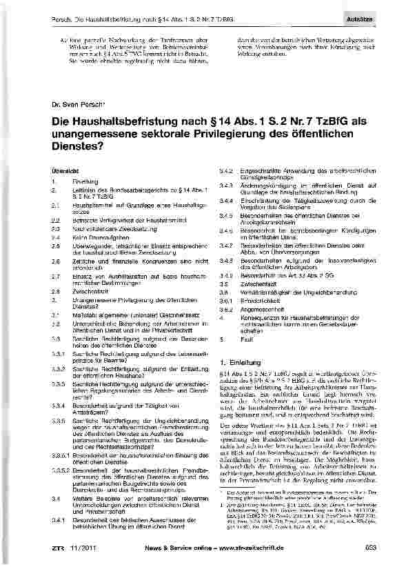 Vorschauseite 1: Die Haushaltsbefristung nach §14 Abs. 1 S.2 Nr.7 TzBfG als unangemessene sektorale Privilegierung des öffentlichen Dienstes?