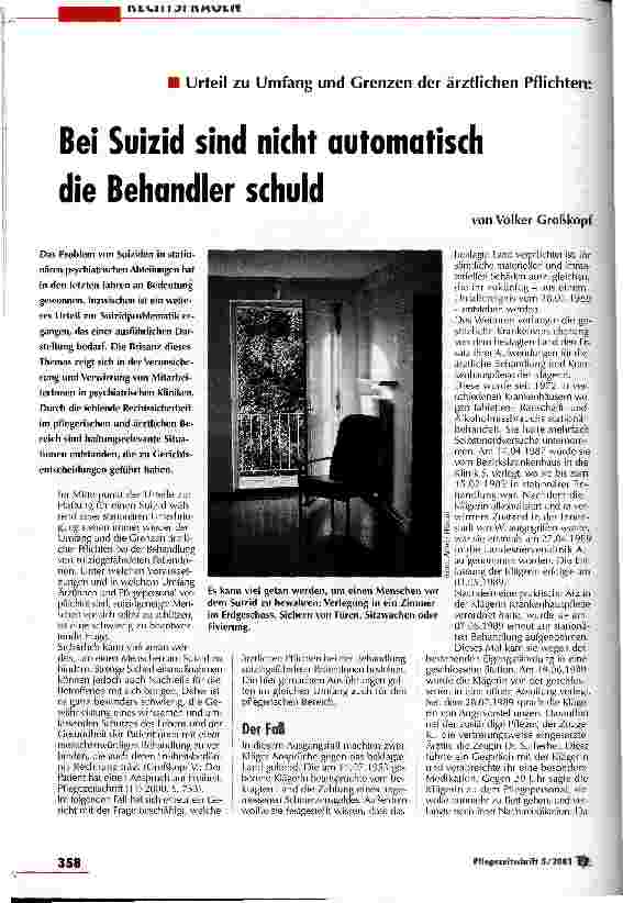 Vorschauseite 1: Bei Suizid sind nicht automatisch die Behandler schuld Urteil zu Umfang und Grenzen der ärztlichen Pflichten
