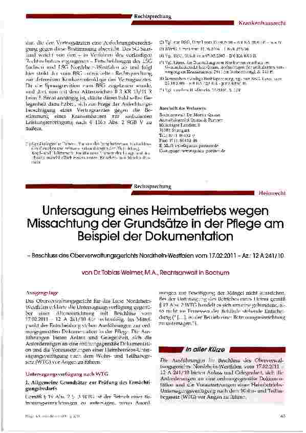 Vorschauseite 1: Untersagung eines Heimbetriebs wegen Missachtung der Grundsätze in der Pflege amBeispiel der Dokumentation
