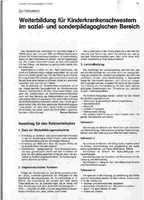 Vorschauseite 1: Weiterbildung für Kinderkrankenschwestern im sozialund sonderpädagogischen Bereich