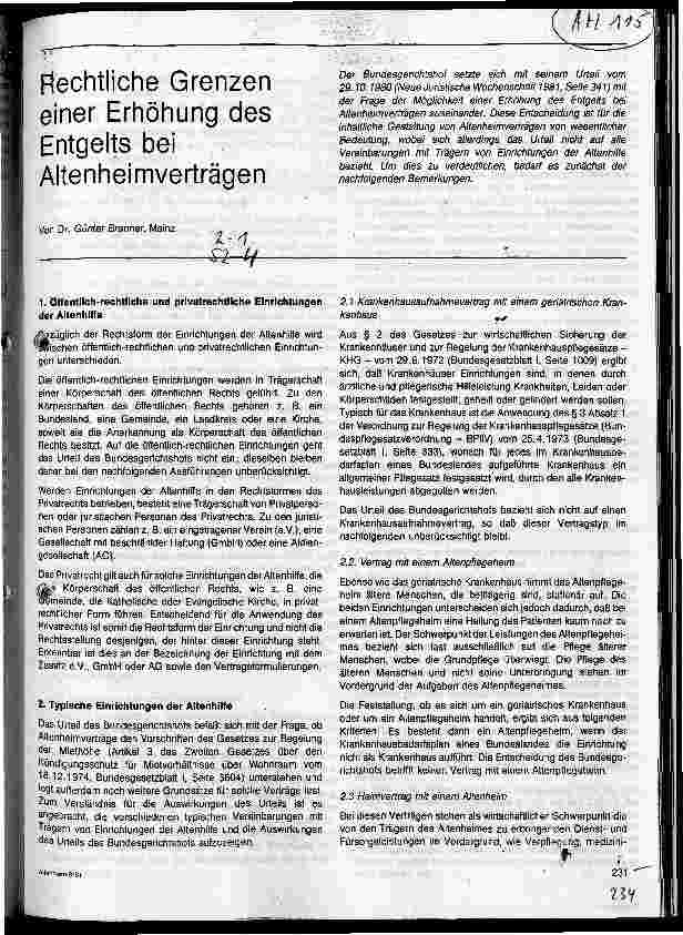 Vorschauseite 1: Rechtliche Grenzen einer Erhöhung des Entgelts bei Altenheimverträgen
