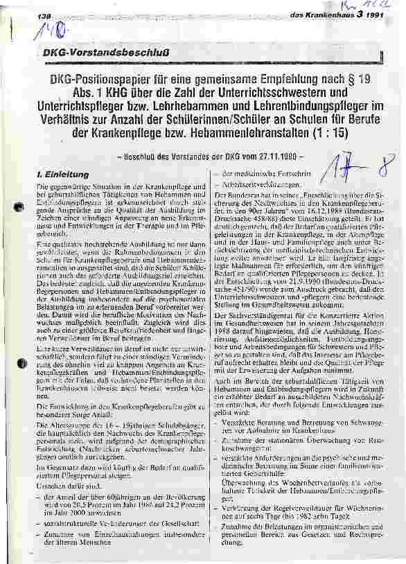 Vorschauseite 1: DKG-Positionspapier für eine gemeinsame Empfehlung nach Paragraph 19 Abs. 1 KHG über die Zahl der Unterrichtsschwestern und -pfleger, ...